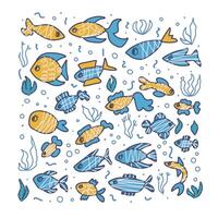 fish collection isolated in doodle style. vector