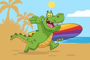 Happy Alligator Or Crocodile Cartoon Character Running With A Surfboard vector