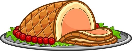 Cartoon Smoked Pork Or Meat Ham Sliced With Decoration On Tray vector