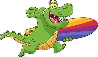 Happy Alligator Or Crocodile Cartoon Character Running With A Surfboard vector