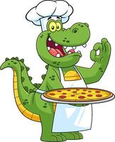 Alligator Or Crocodile Chef Cartoon Character Holding A Pizza And Gesturing Are Ok vector