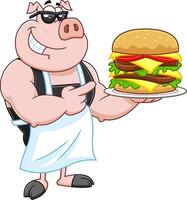 Smiling Chef Pig Cartoon Mascot Character Pointing To A Double Hamburger Or Cheeseburger vector