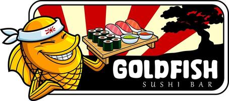 Gold Fish Or Goldfish Sushi Chef Cartoon Character Showing Sushi Set Japanese Seafood vector