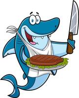 Shark Chef Cartoon Character Showing Grilled Steak On Plate vector