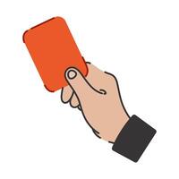 A soccer judge holds a red card in his hand. A football referee shows a symbol for removing a player or coach from the game. Sign of violation of the rules of the match. Sports competition clipart vector