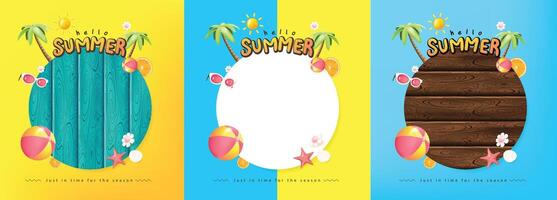 Summer promotion poster banner set with summer tropical beach vibes background and copy space vector