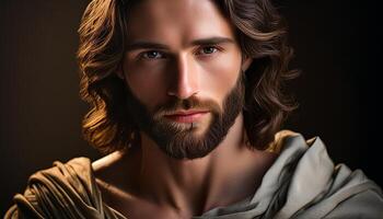 Portrait of Jesus Christ's face in the style of Renaissance art, highlighting his serene expression and soft, classical features photo