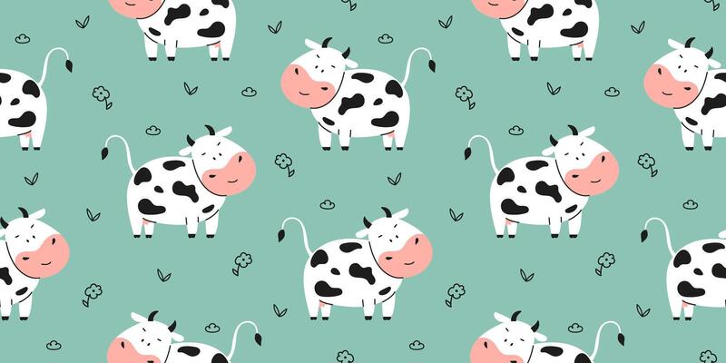 Cute cow seamless pattern with flower and leaf