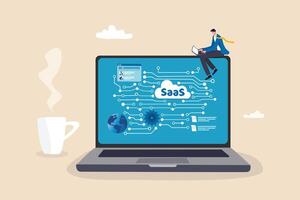 SaaS software as a service, cloud computing software for client subscription, internet web application online platform provider concept, businessman working with computer laptop on SaaS screen. vector