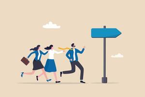 Right direction to success, strategy or plan to go in correct path, challenge or leadership to guide career path, new opportunity concept, business people walk to the right direction with signpost. vector