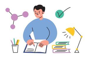 illustration of a student doing homework, writing in a notebook at a desk, solving problems, with books and stationery. Flat cartoon style, ideal for educational themes, school, and study vector