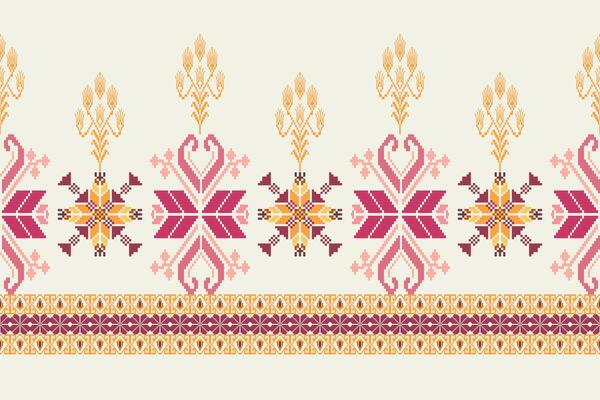 Geometric ethnic floral pixel art embroidery, Aztec style, abstract background design for fabric, clothing, textile, wrapping, decoration, scarf, print, wallpaper, table runner.