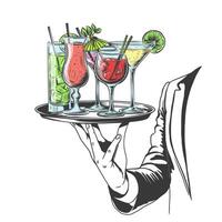 waiter with serving tray and alcohol drinks sketch engraving illustration. Hand drawn image for pub, bar, happy hour, menu cover vector