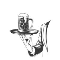 Beer on serving tray. Mug in hand isolated on background. waiter makes the flow of alcohol. illustration for pub, bar, menu, window sticker. Light alcoholic drink, cool foam. vector