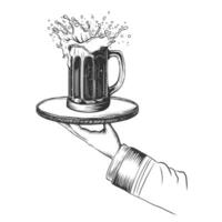Beer with splash on a tray. Waiter holding Glass of beer on serving tray. Mug in hand isolated in flat style on background. illustration. Light alcoholic drink, cool foam vector