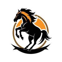 A black horse silhouette rears up with its front legs extended in front of an orange sun icon. The horses mane and tail are flowing and the background is a white space. vector