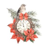 Vintage clock with a red bow surrounded by pine branches and a realistic bird. Watercolor composition in Christmas and vintage style. Drawing for New Year's holidays, invitations, cards, packaging. vector