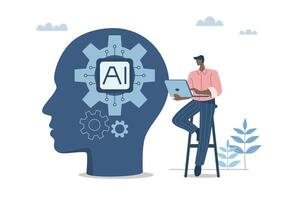 Technology helps research important information and create ideas, AI, Artificial intelligence supports business success, Robot work with company personnel, Businessman working with robot. . vector