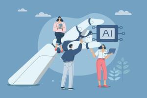 Robot hand holds artificial intelligence chip, Cybernetic technology concepts that support business success, Personnel in the company work with AI technology. design illustration. vector