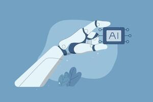 Robot hand holds artificial intelligence chip, AI, Cybernetic technology concept, Technology helps research important information and generate ideas to support business success. illustration. vector