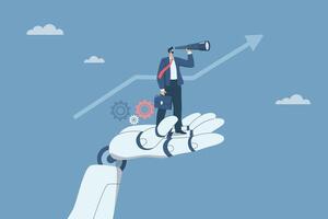 Artificial intelligence supports business success, AI, Robot work with company personnel, Promotion of modern technology innovation in organization, Businessman using binoculars on the robot hand. vector