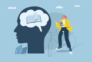 Search for more knowledge in the brain, Young man riding a bicycle using a tablet, design illustration. vector