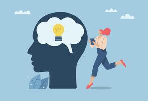 Create ideas in the brain, Increase inspiration, Developing knowledge and skills all the time, Young woman uses a tablet to search for knowledge to develop creative ideas. design illustration. vector