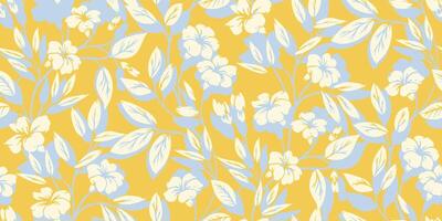 Plain yellow seamless pattern with abstract artistic wild floral stems. Silhouettes of blooming branches tiny flowers buds and small leaves printing. hand drawing. Nature ornament for designs vector