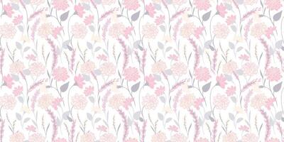 Abstract artistic branches with wild flowers, small leaves, tiny buds printing. Pastel seamless pattern with light blooming meadow. hand drawing sketch. Template for designs vector