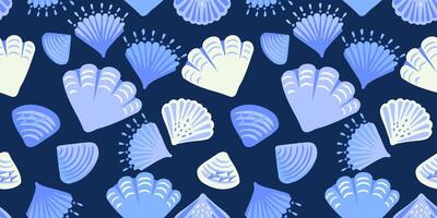 Blue creative shapes sea shells seamless pattern on a dark background. Abstract artistic marine printing. hand drawing sketch. Template for designs, notebook cover, wrapping paper, exotic wallpaper vector