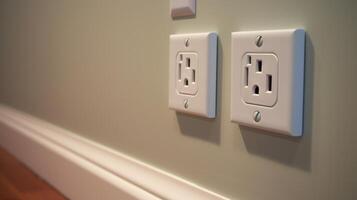 White wall mounted socket board with two electrical sockets and a switch. Neural network photo
