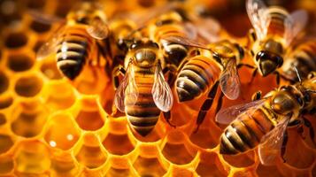 bee on honeycombs with honey slices nectar into cells. Neural network photo