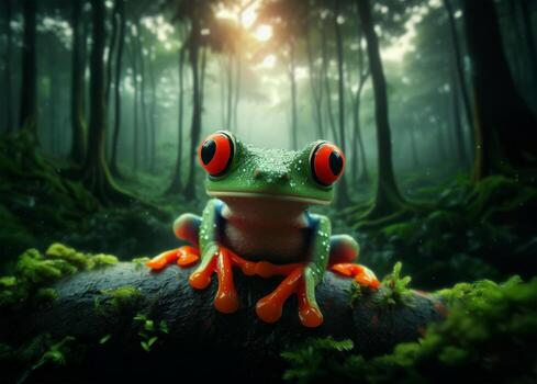 ojos rojos árbol rana encaramado en un rama en un selva. foto