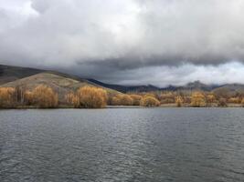 Cloudy by the lake with autumn tree photo