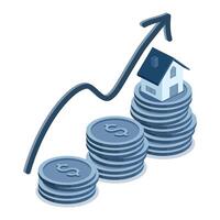 isometric business real estate investment and financial with raising graph for save money to buy house. flat illustration blue style. vector