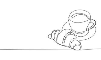 Cup and croissant one line continuous. Breakfast line art. Hand drawn art. vector