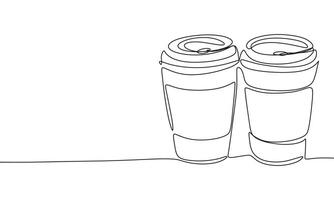 Two cups of coffee one line continuous. Two cups take away line art. Hand drawn art. vector