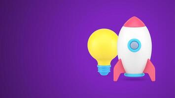 Startup business innovation idea launching spaceship illuminated light bulb 3d icon vector