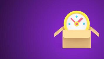 Express delivery shipment countdown time clock in open cardboard box courier service 3d icon vector