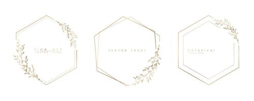 Set of hexagon frame templates in minimal linear style with hand drawn branches and leaves. Elegant polygon frame. Botanical illustration for labels, corporate identity, wedding invitation and logo. vector