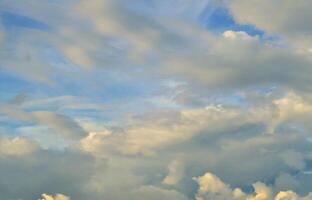 A blue cloudy sky with many small clouds blocking the sun photo