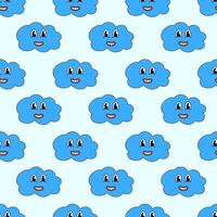 Retro 70s 60s 80s Hippie Groovy Seamless Pattern with cute Blue Cloud. Smiling face background. illustration. vector