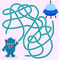 Help cute alien monster find path to UFO spaceship. Labyrinth. Maze game for kids. Messy line children logic game. Confusing path lines illustration. vector