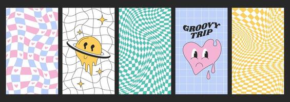Psychedelic checkerboards with distorted grid tile and groovy hippie stickers. Checkered seamless pattern backgrounds in retro y2k style. Warped chessboard with funky melting pink heart and smile face vector