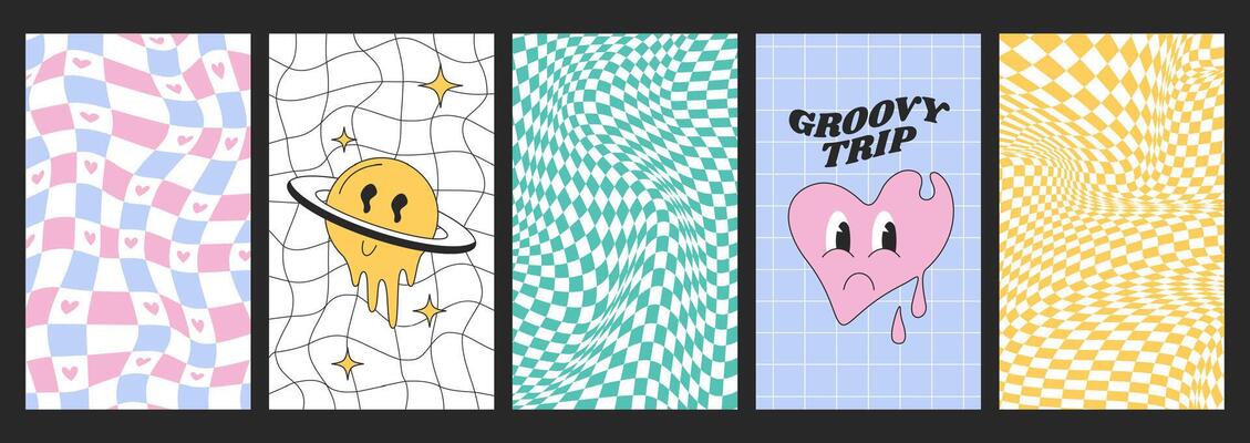 Psychedelic checkerboards with distorted grid tile and groovy hippie stickers. Checkered seamless pattern backgrounds in retro y2k style. Warped chessboard with funky melting pink heart and smile face