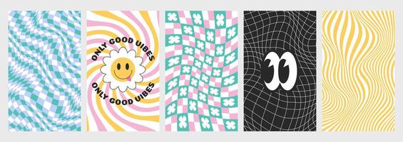 Psychedelic checkerboards with distorted grid tile, twisted lines and groovy hippie stickers. Checkered seamless pattern backgrounds in retro y2k style. Warped chessboard set with smiling daisy flower vector
