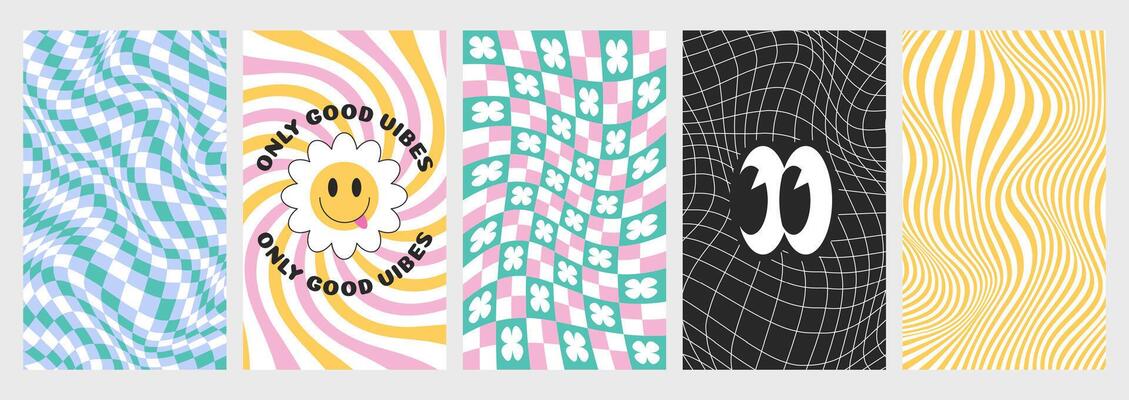 Psychedelic checkerboards with distorted grid tile, twisted lines and groovy hippie stickers. Checkered seamless pattern backgrounds in retro y2k style. Warped chessboard set with smiling daisy flower