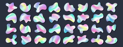 Holographic liquid metal blobs set. Iridescent chrome drops or hologram irregular freeform shapes. Rainbow metallic gradient deformed stains or fluid amoeba abstract forms. Modern assymmetric blotches vector
