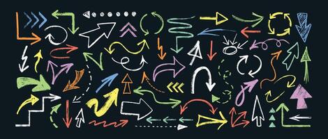 hand drawn charcoal pencil arrows set. Doodle direction pointer, curved strokes, emphasis, rough circular and wave arrow sign. Colorful chalk dashed lines. Color grunge texture crayon scribbles vector