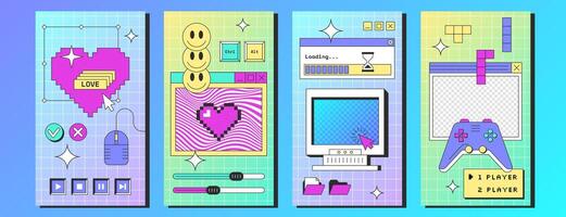 Social media posters template with retro desktop computer interface with buttons, folders, game console, loading bar, message frames. Old pc screen with browser window, stickers in y2k vaporwave style vector